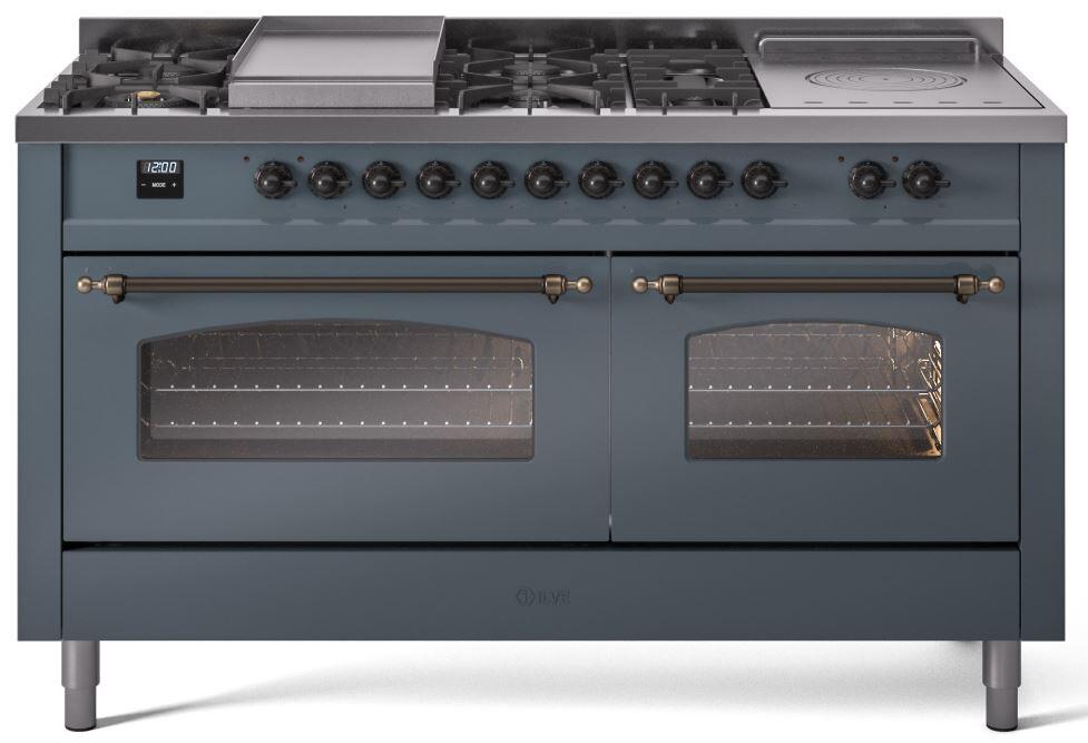 Ilve UP60FSNMPBGBLP Nostalgie Ii 60 Inch Dual Fuel Liquid Propane Freestanding Range In Blue Grey With Bronze Trim