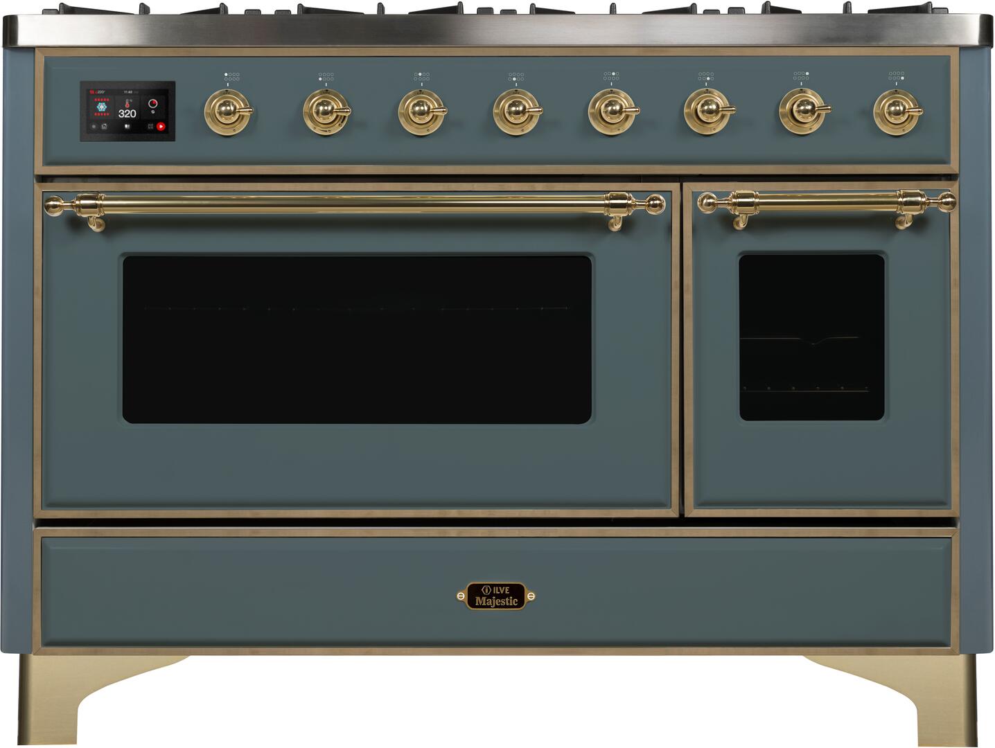 Ilve UM12FDNS3BGGLP Majestic Ii 48 Inch Dual Fuel Liquid Propane Freestanding Range In Blue Grey With Brass Trim