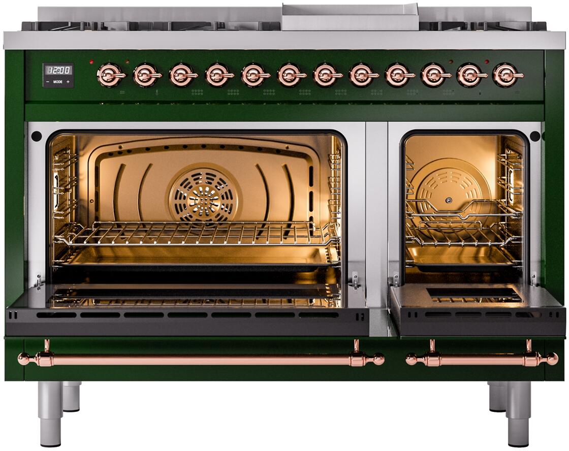 Ilve UP48FNMPEGP Nostalgie Ii 48 Inch Dual Fuel Natural Gas Freestanding Range In Emerald Green With Copper Trim