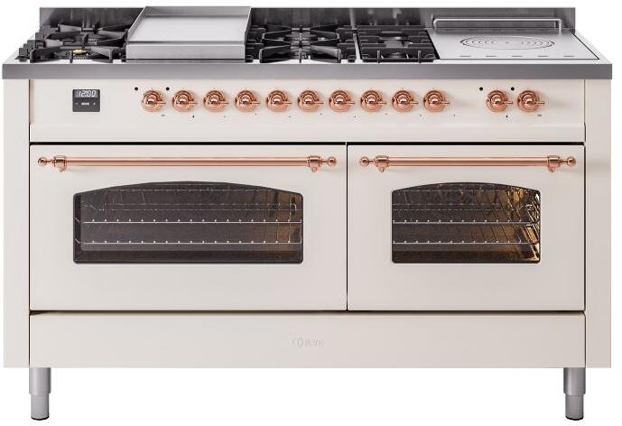 Ilve UP60FSNMPAWPLP Nostalgie Ii 60 Inch Dual Fuel Liquid Propane Freestanding Range In Antique White With Copper Trim