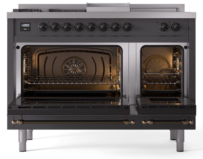 Ilve UP48FSNMPMGBLP Nostalgie Ii 48 Inch Dual Fuel Liquid Propane Freestanding Range In Matte Graphite With Bronze Trim