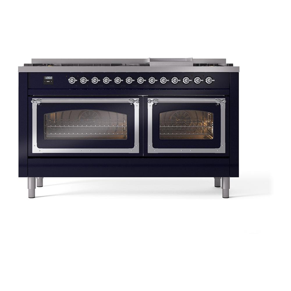 Ilve UN60FNMPMBC Ilve Un60Fnmpmbc Nostalgie Ii Noblesse 60" Dual Fuel Range (9 Sealed Burners + Griddle, Natural Gas, Triple Glass Door, Midnight Blue, Chrome)