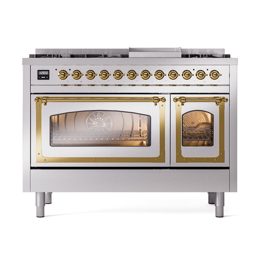 Ilve UN48FNMPSSG Ilve Un48Fnmpssg Nostalgie Ii Noblesse 48" Dual Fuel Range (8 Sealed Burners + Griddle, Natural Gas, Triple Glass Door, Stainless Steel, Brass)