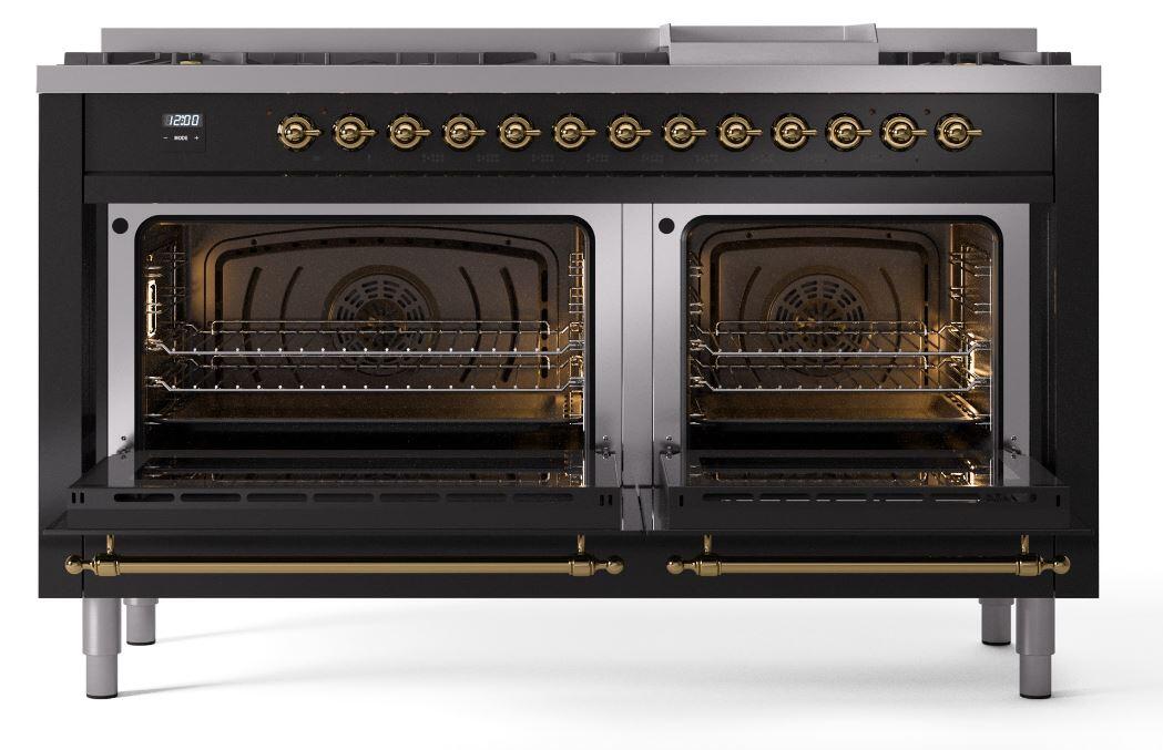 Ilve UP60FNMPBKGLP Nostalgie Ii 60 Inch Dual Fuel Liquid Propane Freestanding Range In Glossy Black With Brass Trim