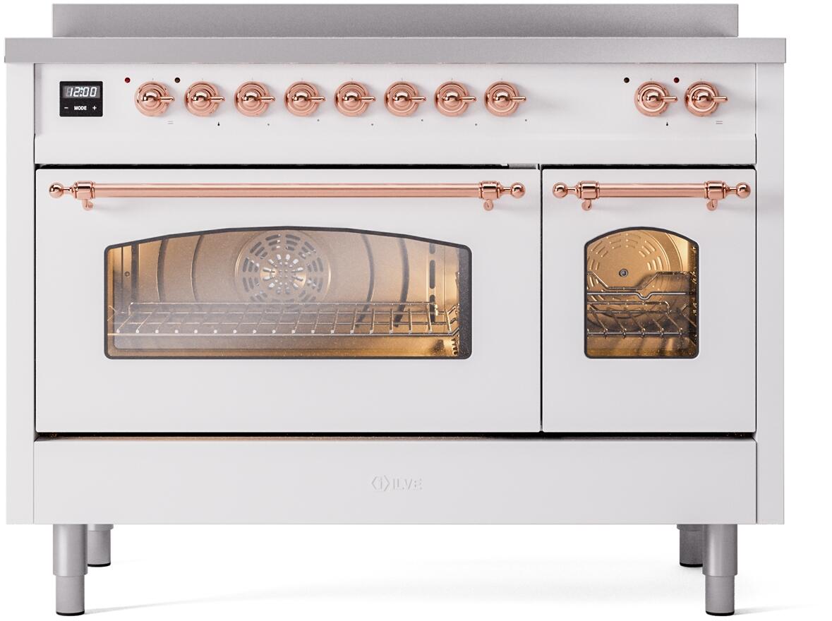 Ilve UPI486NMPWHP Nostalgie Ii 48 Inch Electric Freestanding Range In White With Copper Trim