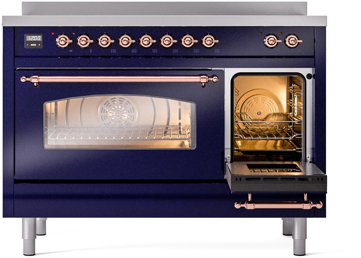 Ilve UPI486NMPMBP Nostalgie Ii 48 Inch Electric Freestanding Range In Blue With Copper Trim