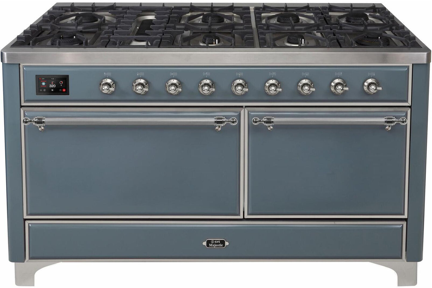 Ilve UM15FDQNS3BGC Majestic Ii 60 Inch Dual Fuel Natural Gas Freestanding Range In Blue Grey With Chrome Trim