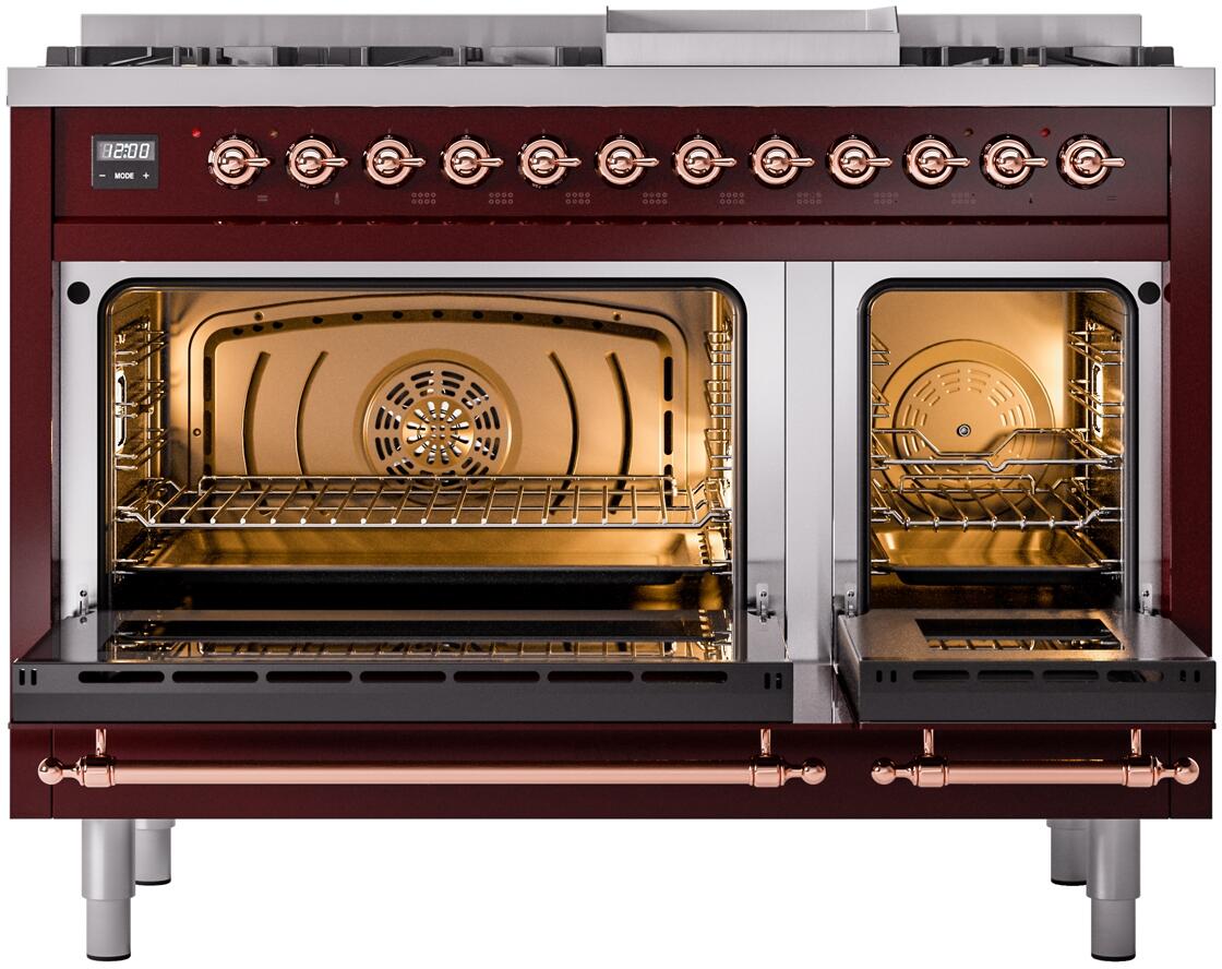 Ilve UP48FNMPBUP Nostalgie Ii 48 Inch Dual Fuel Natural Gas Freestanding Range In Burgundy With Copper Trim