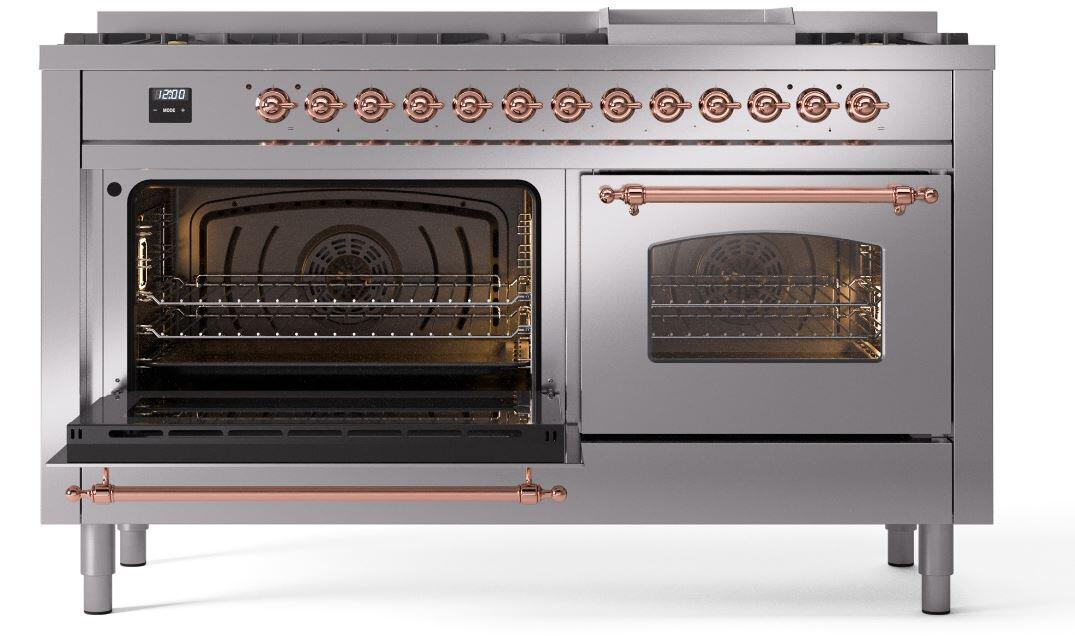 Ilve UP60FNMPSSPLP Nostalgie Ii 60 Inch Dual Fuel Liquid Propane Freestanding Range In Stainless Steel With Copper Trim