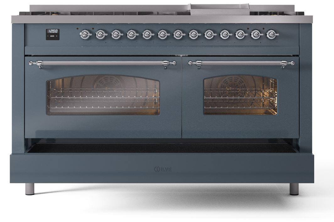 Ilve UP60FNMPBGC Nostalgie Ii 60 Inch Dual Fuel Natural Gas Freestanding Range In Blue Grey With Chrome Trim