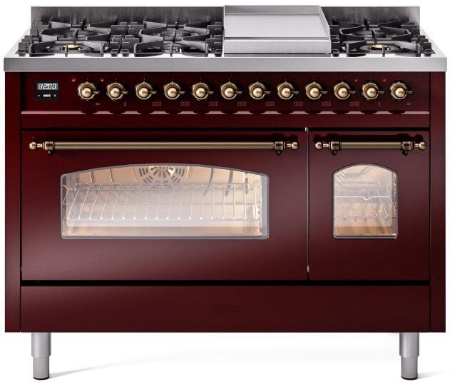 Ilve UP48FNMPBUB Nostalgie Ii 48 Inch Dual Fuel Natural Gas Freestanding Range In Burgundy With Bronze Trim