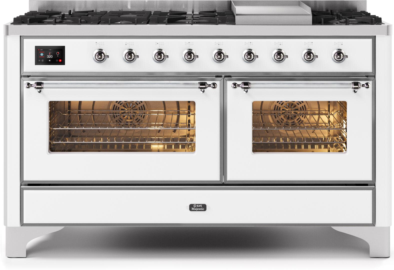 Ilve UM15FDNS3WHC Majestic Ii 60 Inch Dual Fuel Natural Gas Freestanding Range In White With Chrome Trim