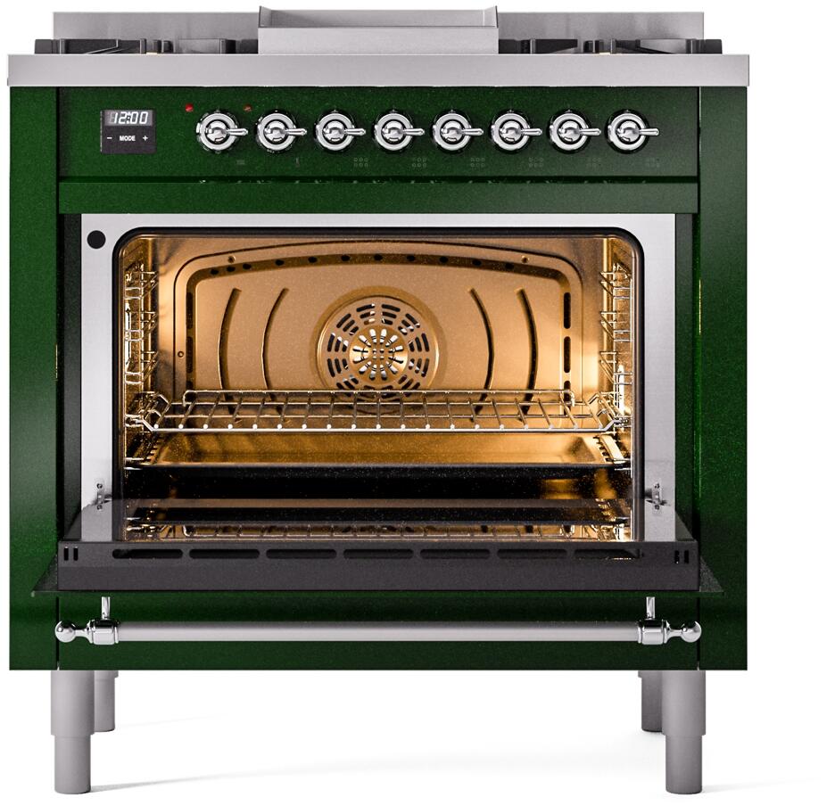 Ilve UP36FNMPEGC Nostalgie Ii 36 Inch Dual Fuel Natural Gas Freestanding Range In Emerald Green With Chrome Trim