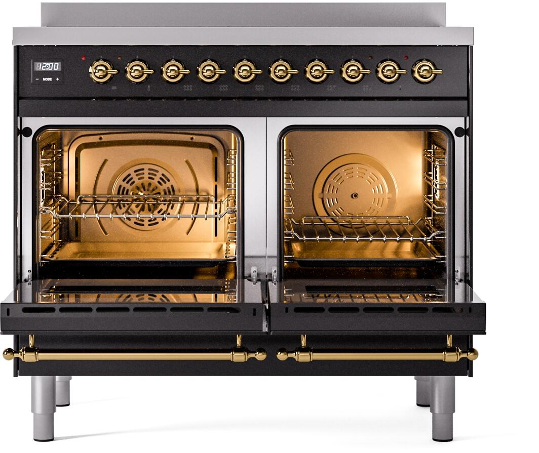 Ilve UPDI406NMPBKG Nostalgie Ii 40 Inch Electric Freestanding Range In Glossy Black With Brass Trim