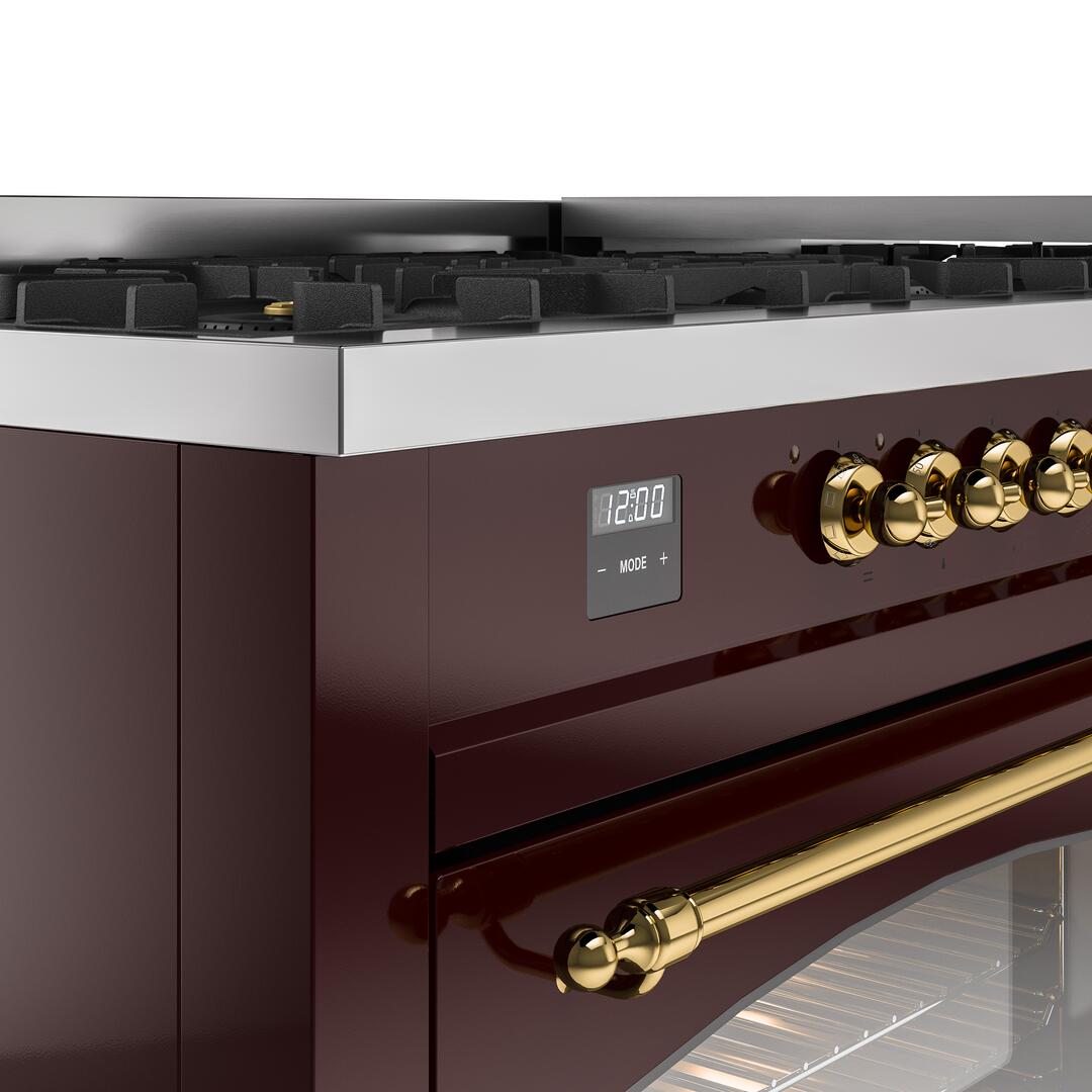 Ilve UP60FNMPBUG Nostalgie Ii 60 Inch Dual Fuel Natural Gas Freestanding Range In Burgundy With Brass Trim