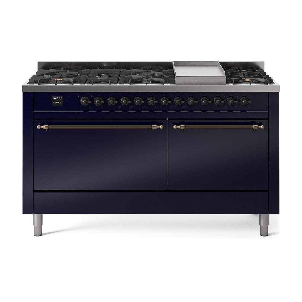 Ilve UP60FQNMPMBB Ilve Nostalgie Ii 60 Up60Fqnmpmbb Freestanding Dual Fuel Range With 9 Sealed Burners Double Oven With Solid Door In Midnight Blue With Bronze Knobs