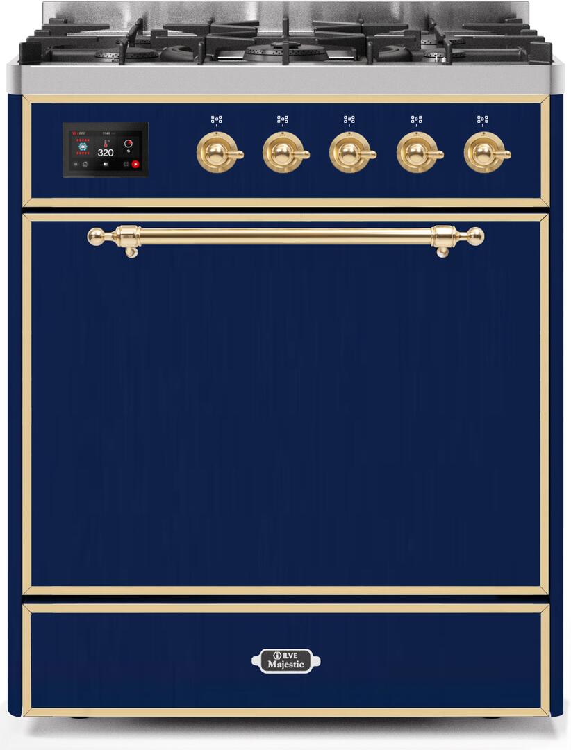 Ilve UM30DQNE3MBG Majestic Ii 30 Inch Dual Fuel Natural Gas Freestanding Range In Blue With Brass Trim