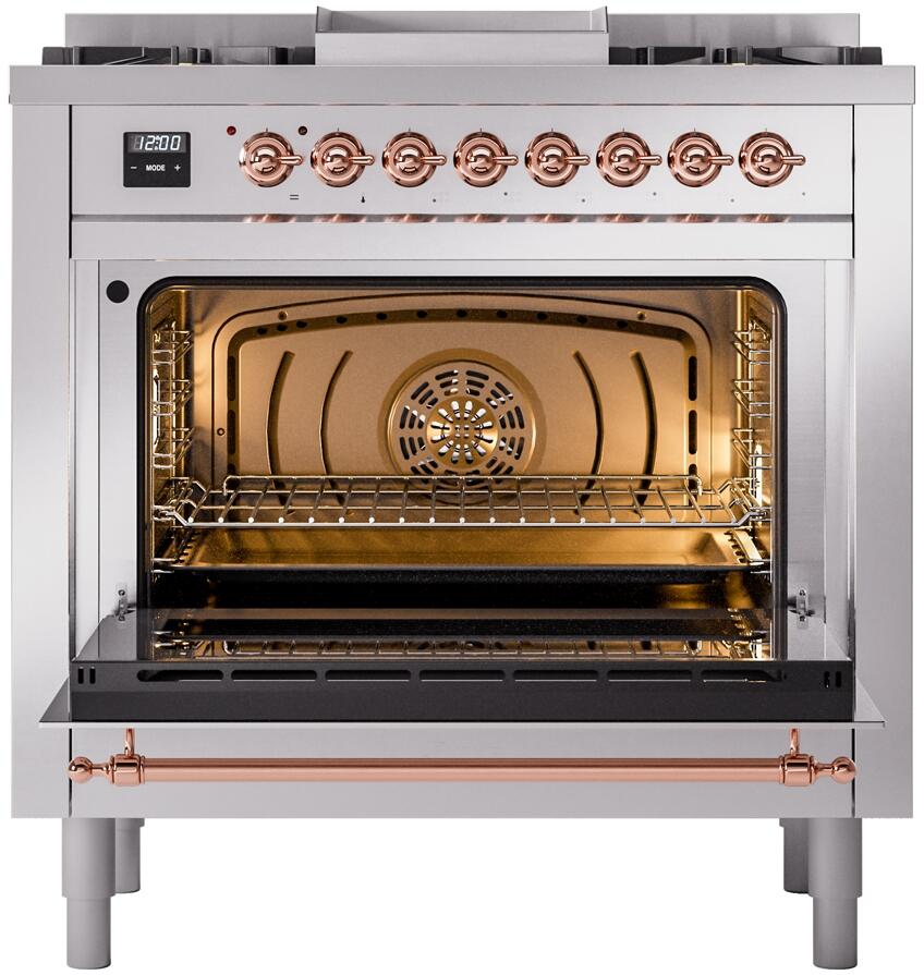 Ilve UP36FNMPSSPLP Nostalgie Ii 36 Inch Dual Fuel Liquid Propane Freestanding Range In Stainless Steel With Copper Trim