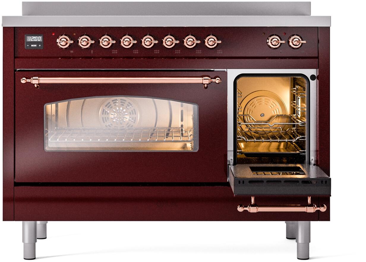 Ilve UPI486NMPBUP Nostalgie Ii 48 Inch Electric Freestanding Range In Burgundy With Copper Trim