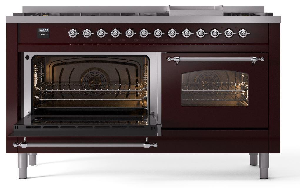 Ilve UP60FNMPBUCLP Nostalgie Ii 60 Inch Dual Fuel Liquid Propane Freestanding Range In Burgundy With Chrome Trim