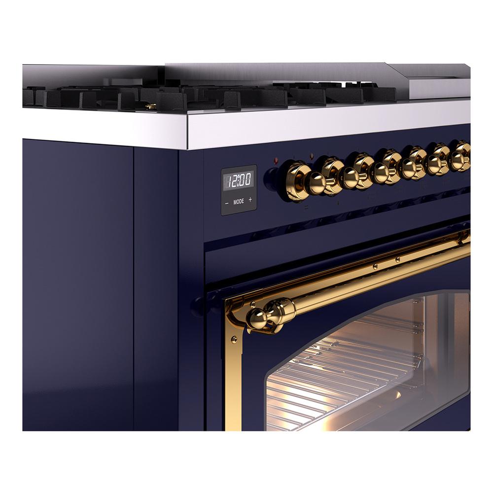 Ilve UN48FNMPMBG Ilve Un48Fnmpmbg Nostalgie Ii Noblesse 48" Dual Fuel Range (8 Sealed Burners + Griddle, Natural Gas, Triple Glass Door, Midnight Blue, Brass)