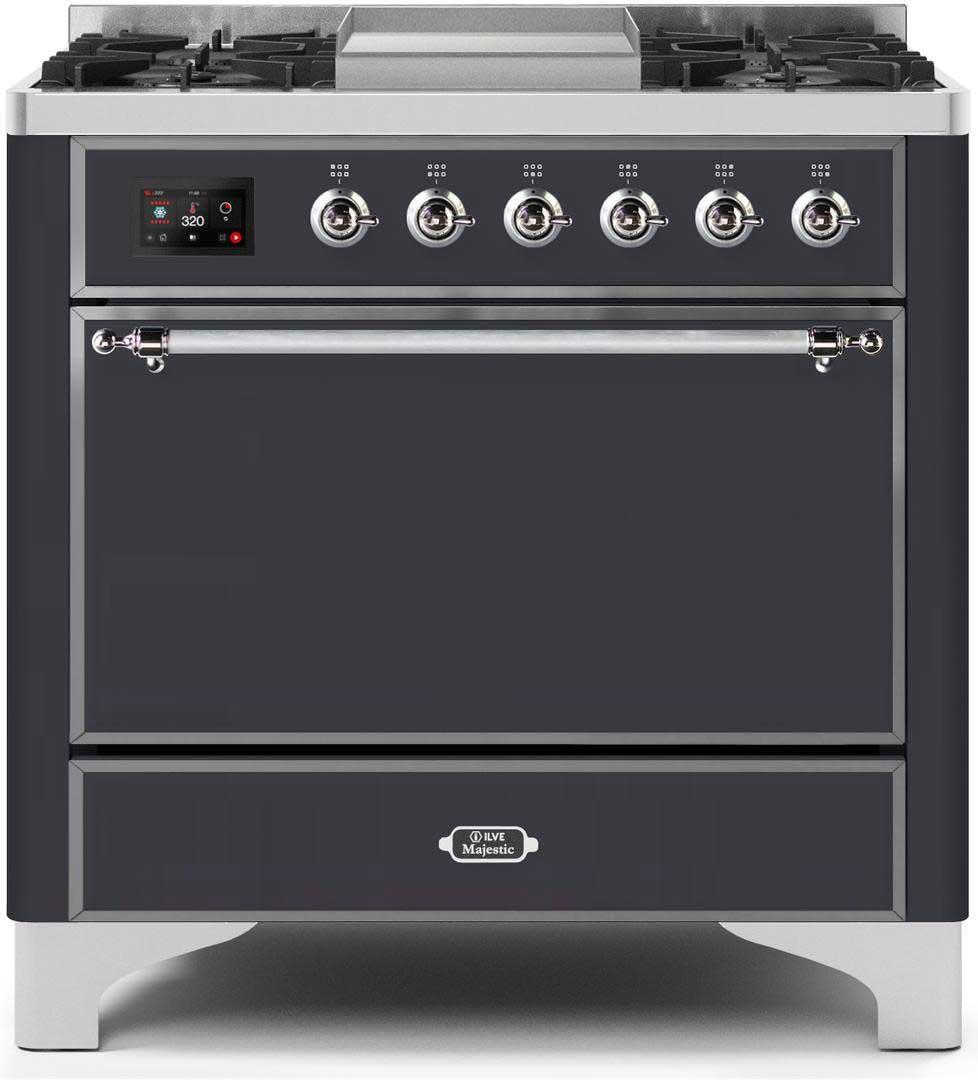 Ilve UM09FDQNS3MGCLP Majestic Ii 36 Inch Dual Fuel Liquid Propane Freestanding Range In Matte Graphite With Chrome Trim