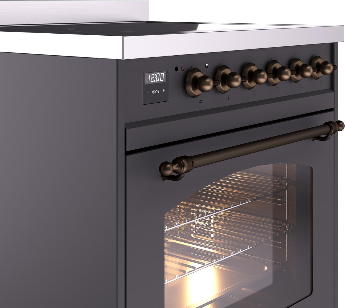 Ilve UPI304NMPMGB Nostalgie Ii 30 Inch Electric Freestanding Range In Matte Graphite With Bronze Trim