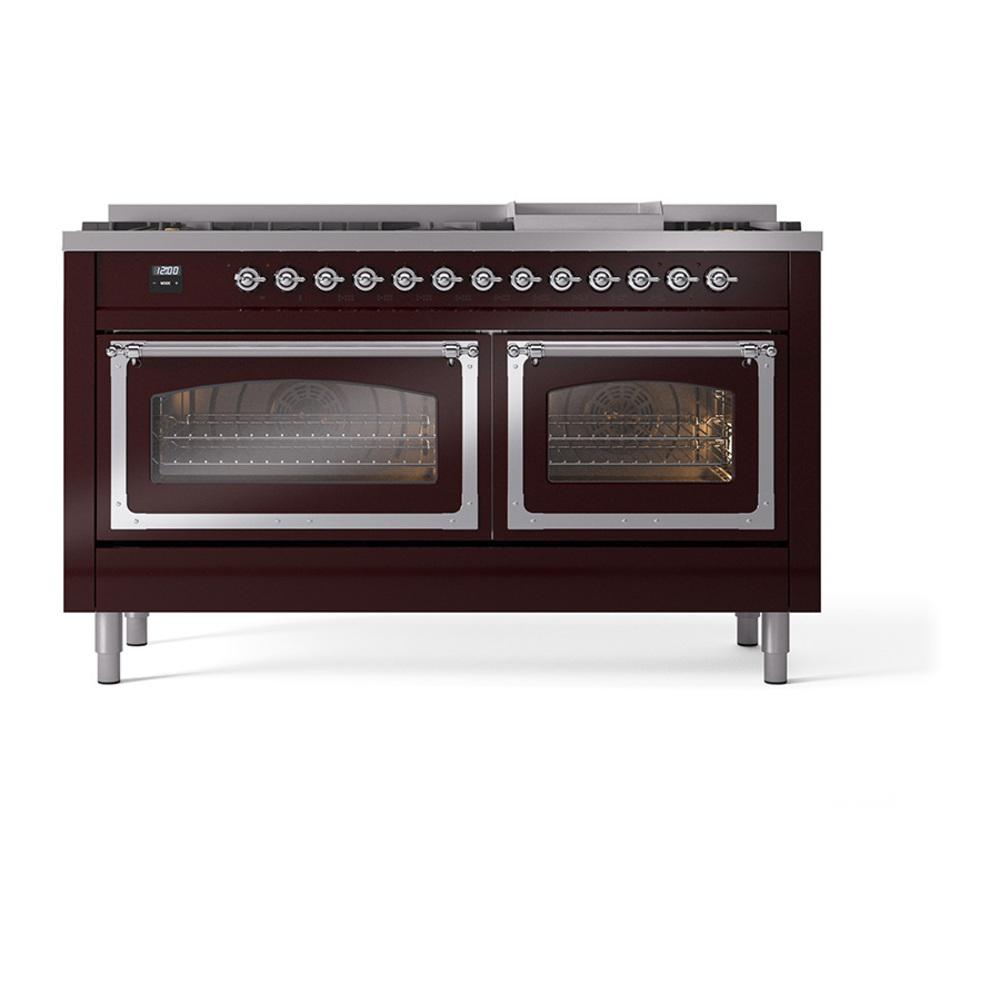 Ilve UN60FNMPBUC Ilve Un60Fnmpbuc Nostalgie Ii Noblesse 60" Dual Fuel Range (9 Sealed Burners + Griddle, Natural Gas, Triple Glass Door, Burgundy, Chrome)