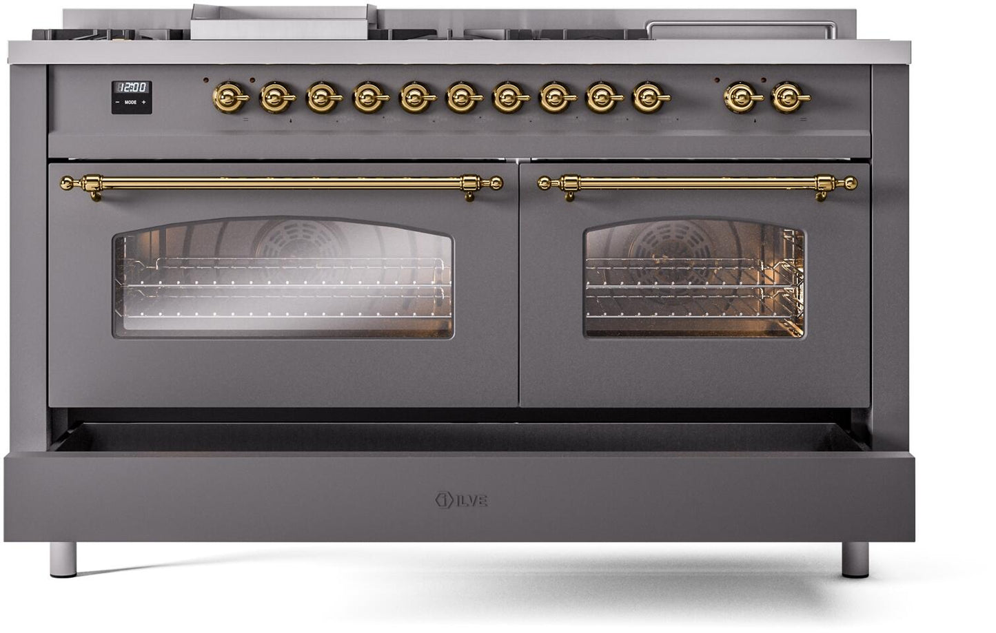 Ilve UP60FSNMPMGG Nostalgie Ii 60 Inch Dual Fuel Natural Gas Freestanding Range In Matte Graphite With Brass Trim