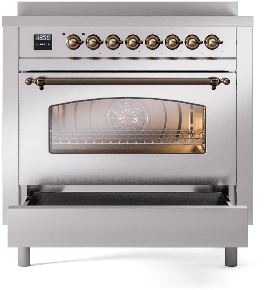 Ilve UPI366NMPSSB Nostalgie Ii 36 Inch Electric Freestanding Range In Stainless Steel With Bronze Trim