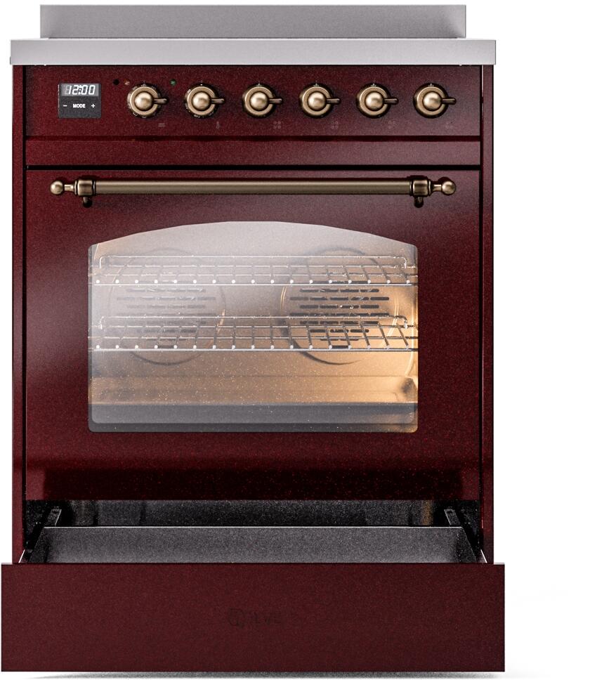 Ilve UPI304NMPBUB Nostalgie Ii 30 Inch Electric Freestanding Range In Burgundy With Bronze Trim