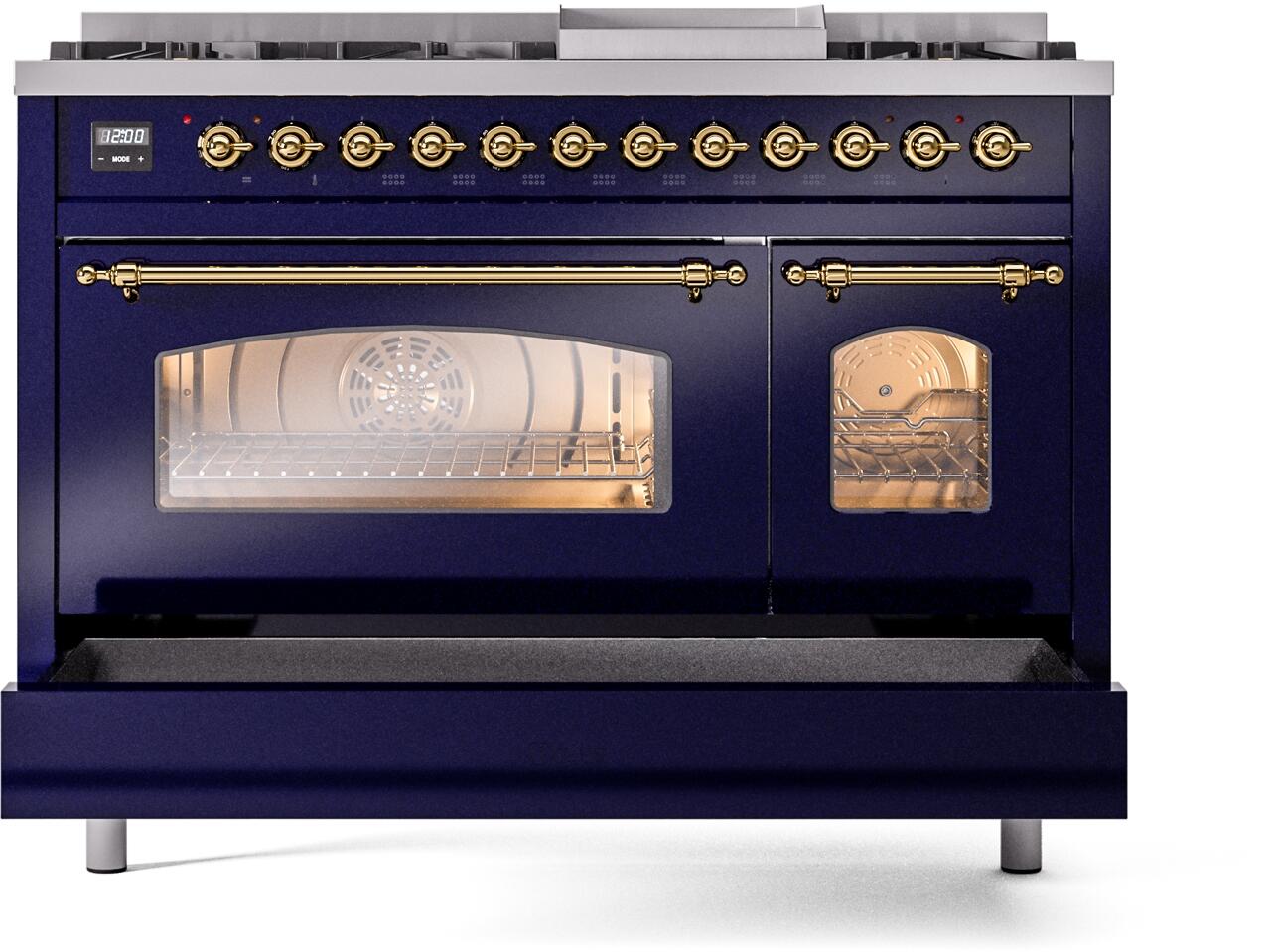 Ilve UP48FNMPMBG Nostalgie Ii 48 Inch Dual Fuel Natural Gas Freestanding Range In Blue With Brass Trim