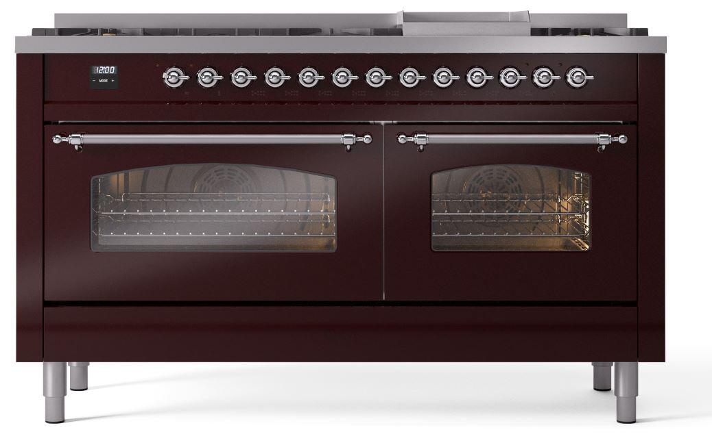 Ilve UP60FNMPBUCLP Nostalgie Ii 60 Inch Dual Fuel Liquid Propane Freestanding Range In Burgundy With Chrome Trim