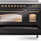 Ilve UPI486NMPBKG Nostalgie Ii 48 Inch Electric Freestanding Range In Glossy Black With Brass Trim