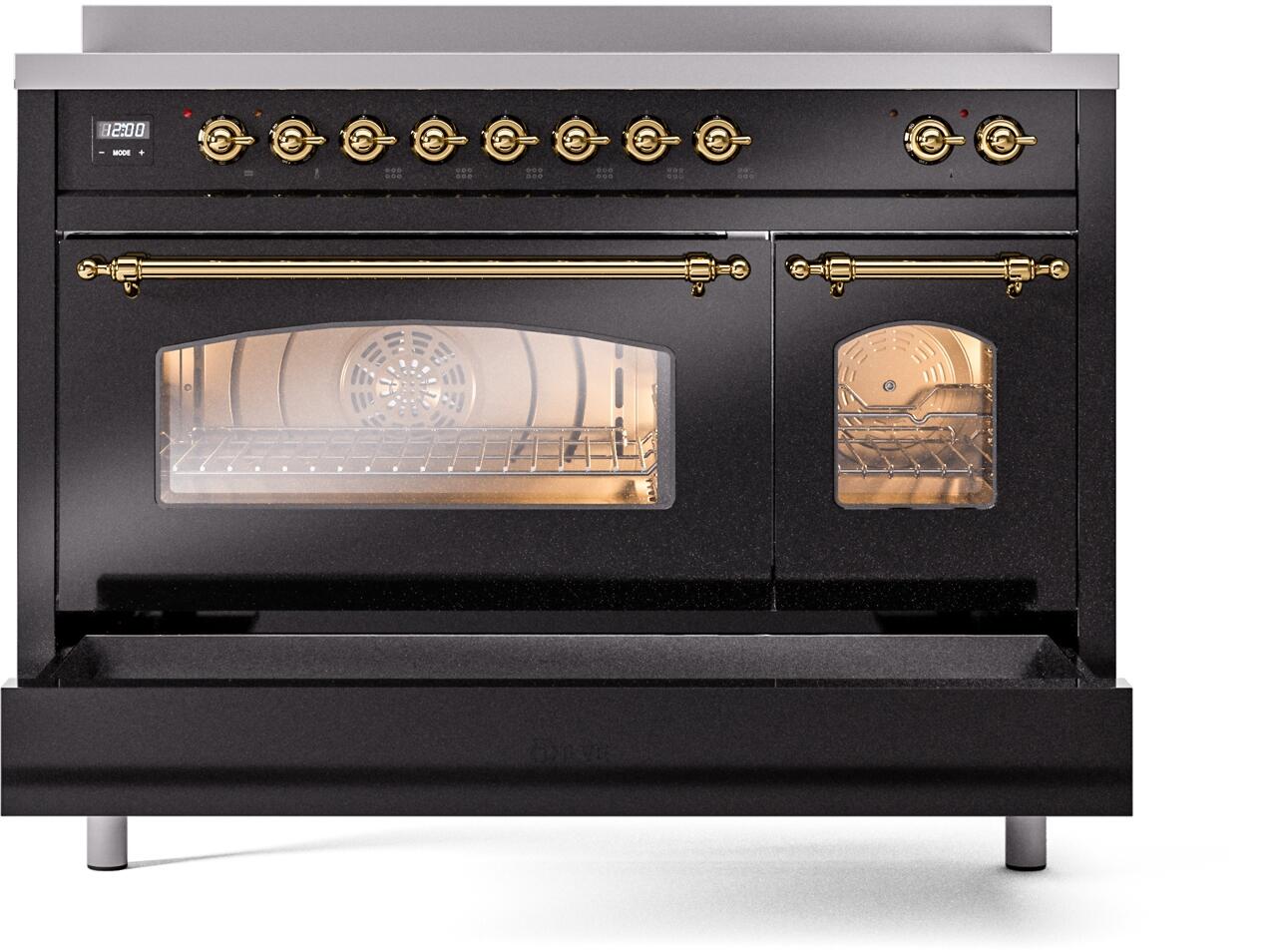 Ilve UPI486NMPBKG Nostalgie Ii 48 Inch Electric Freestanding Range In Glossy Black With Brass Trim