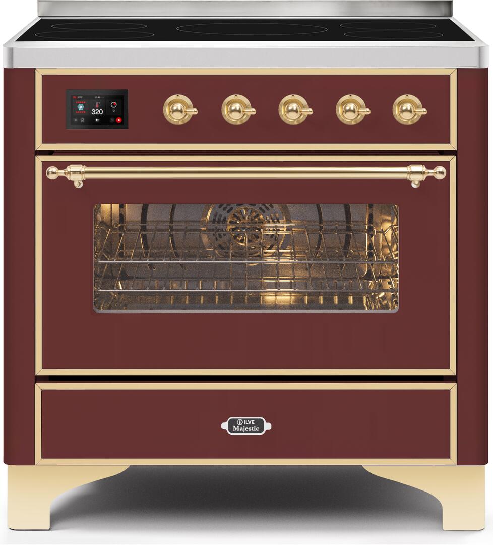 Ilve UMI09NS3BUG Majestic Ii 36 Inch Electric Freestanding Range In Burgundy With Brass Trim