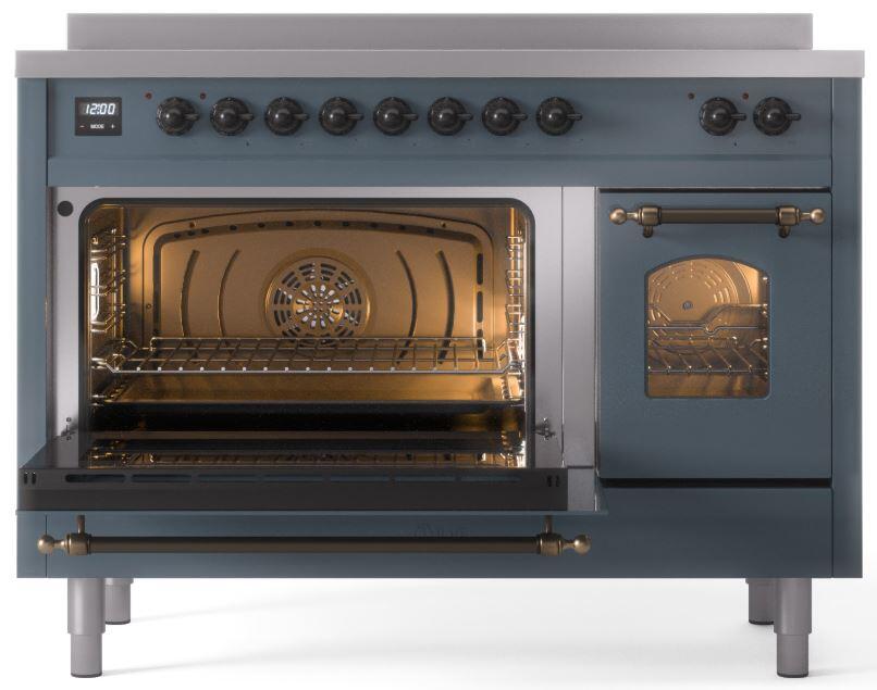 Ilve UPI486NMPBGB Nostalgie Ii 48 Inch Electric Freestanding Range In Blue Grey With Bronze Trim