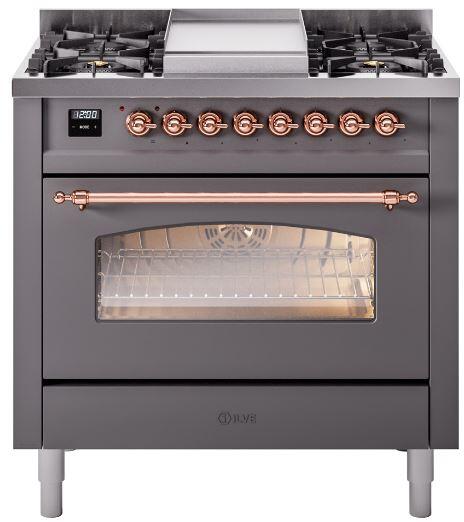 Ilve UP36FNMPMGP Nostalgie Ii 36 Inch Dual Fuel Natural Gas Freestanding Range In Matte Graphite With Copper Trim