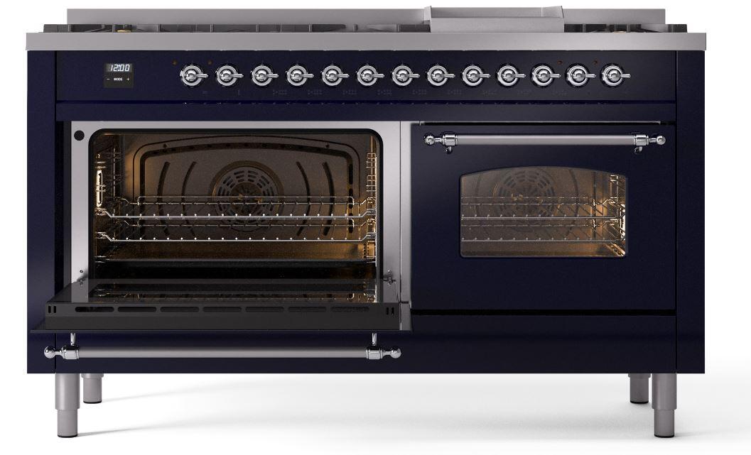 Ilve UP60FNMPMBCLP Nostalgie Ii 60 Inch Dual Fuel Liquid Propane Freestanding Range In Blue With Chrome Trim