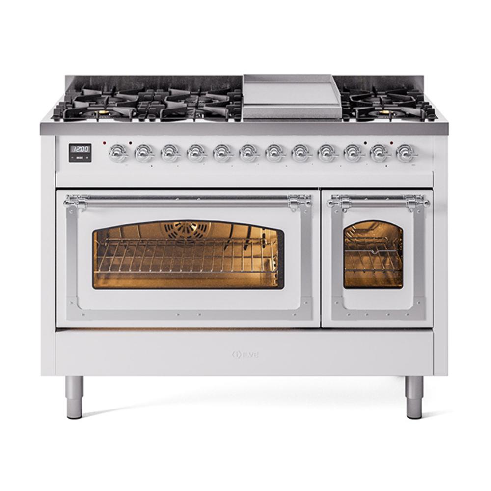 Ilve UN48FNMPWHCLP Ilve Un48Fnmpwhclp Nostalgie Ii Noblesse 48" Dual Fuel Range (8 Sealed Burners + Griddle, Liquid Propane, Triple Glass Door, White, Chrome)