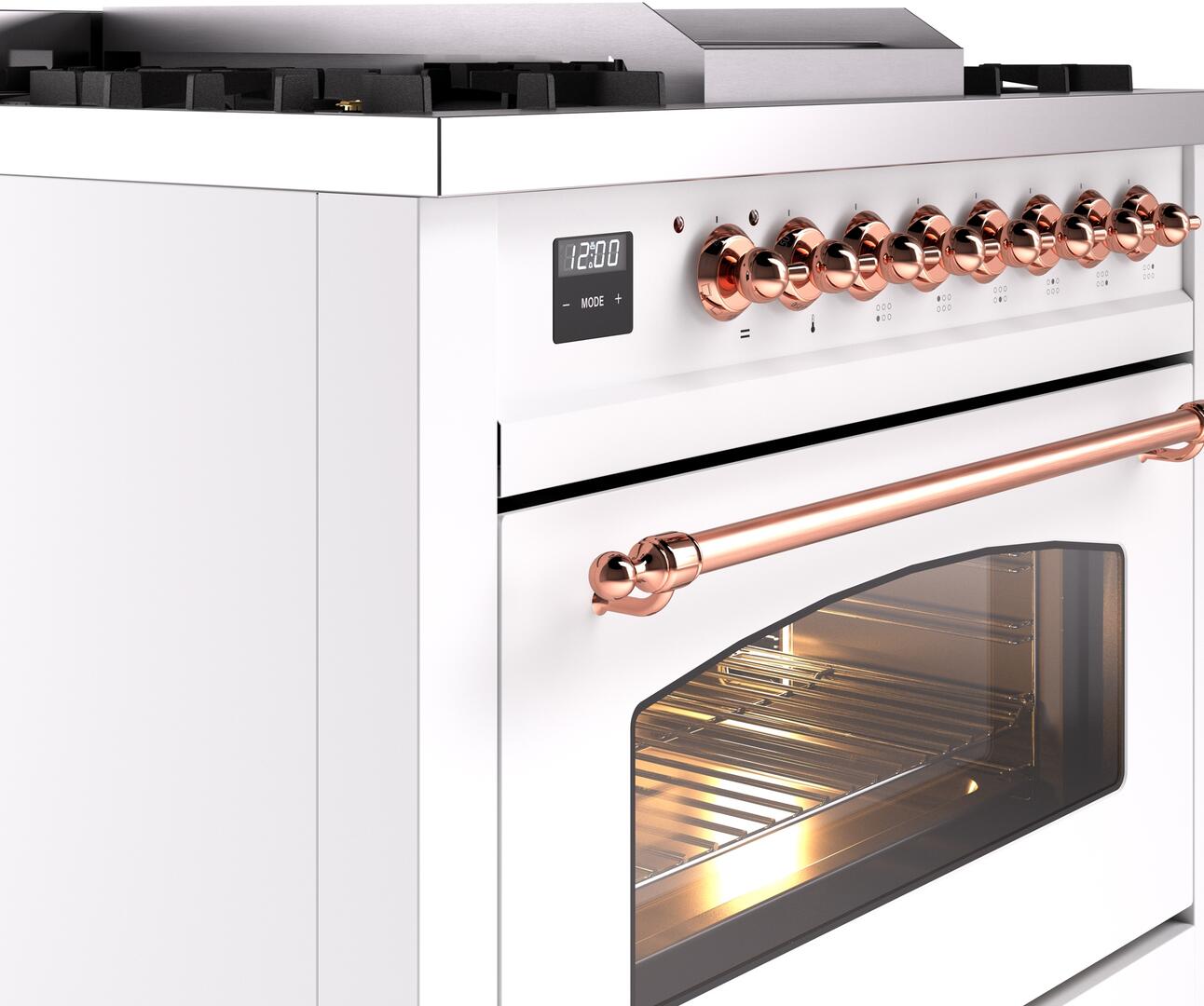 Ilve UP36FNMPWHP Nostalgie Ii 36 Inch Dual Fuel Natural Gas Freestanding Range In White With Copper Trim