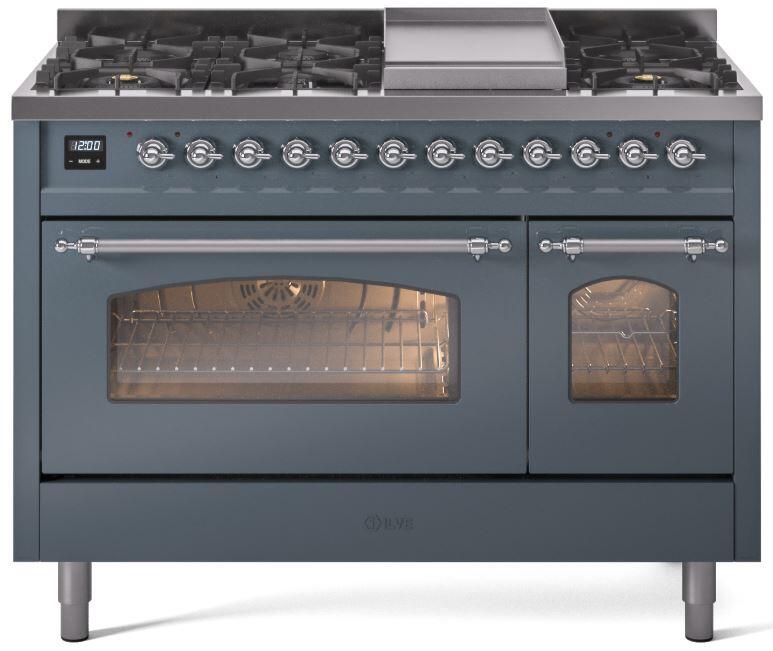 Ilve UP48FNMPBGCLP Nostalgie Ii 48 Inch Dual Fuel Liquid Propane Freestanding Range In Blue Grey With Chrome Trim