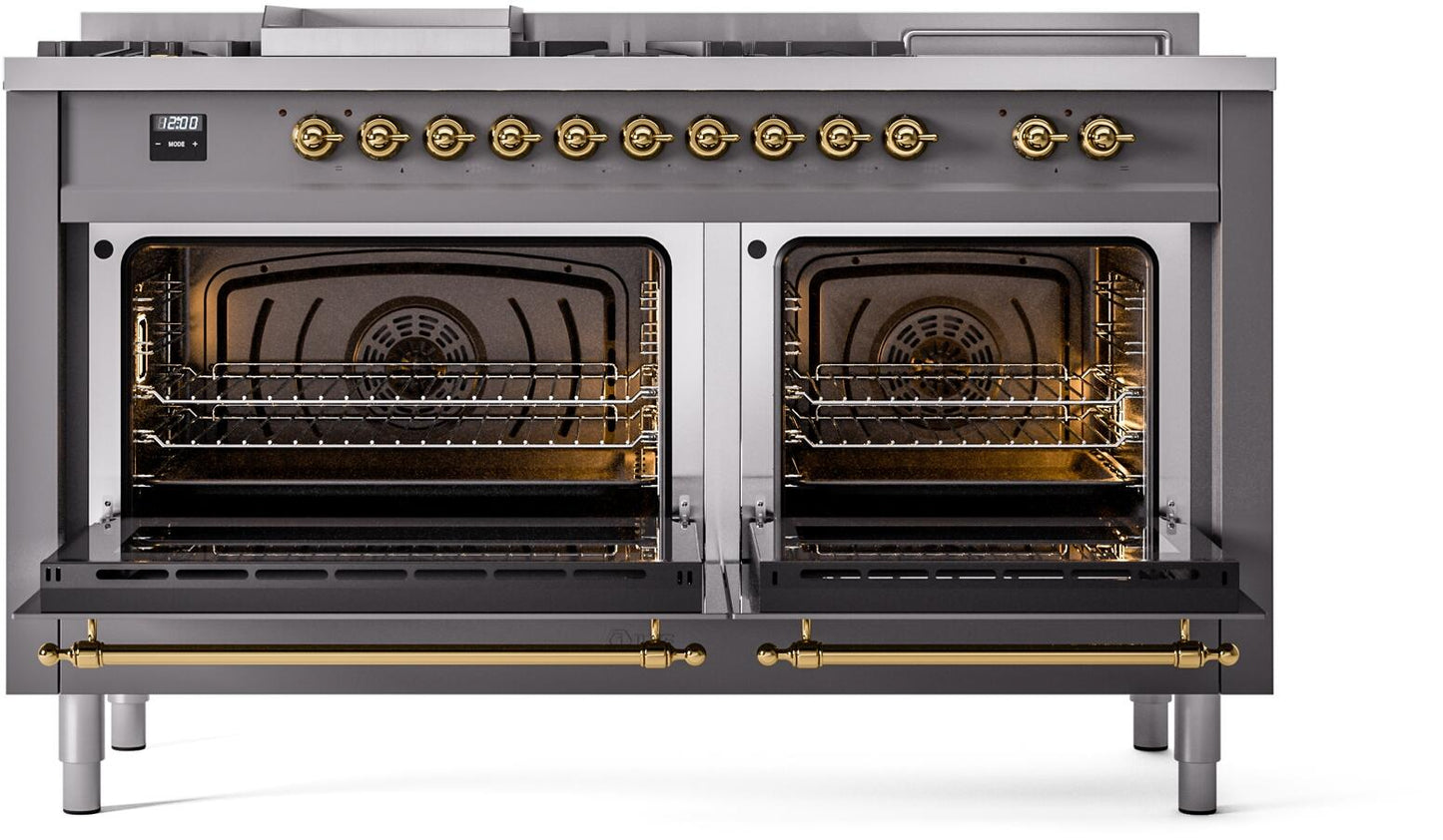 Ilve UP60FSNMPMGG Nostalgie Ii 60 Inch Dual Fuel Natural Gas Freestanding Range In Matte Graphite With Brass Trim