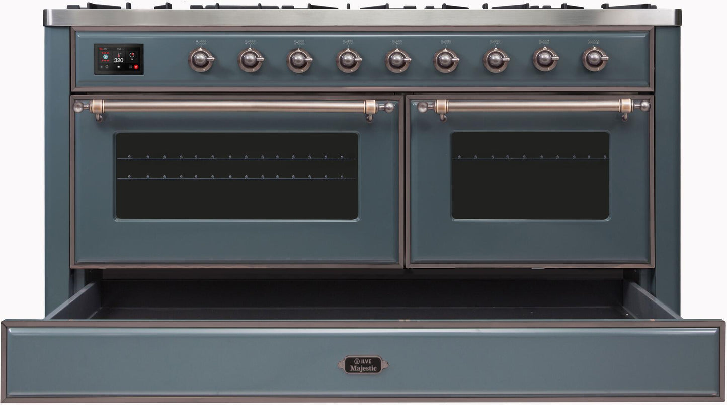 Ilve UM15FDNS3BGBLP Majestic Ii 60 Inch Dual Fuel Liquid Propane Freestanding Range In Blue Grey With Bronze Trim