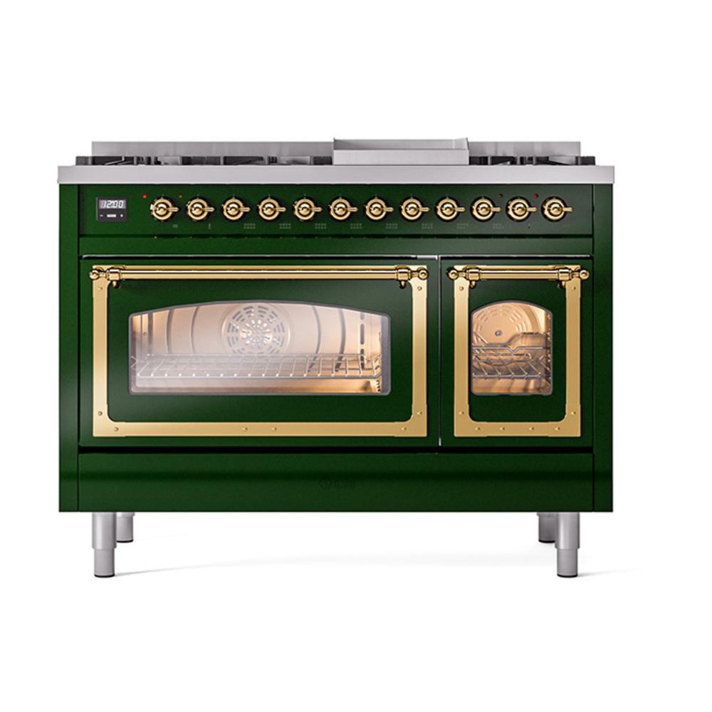 Ilve UN48FNMPEGG Ilve Un48Fnmpegg Nostalgie Ii Noblesse 48" Dual Fuel Range (8 Sealed Burners + Griddle, Natural Gas, Triple Glass Door, Emerald Green, Brass)