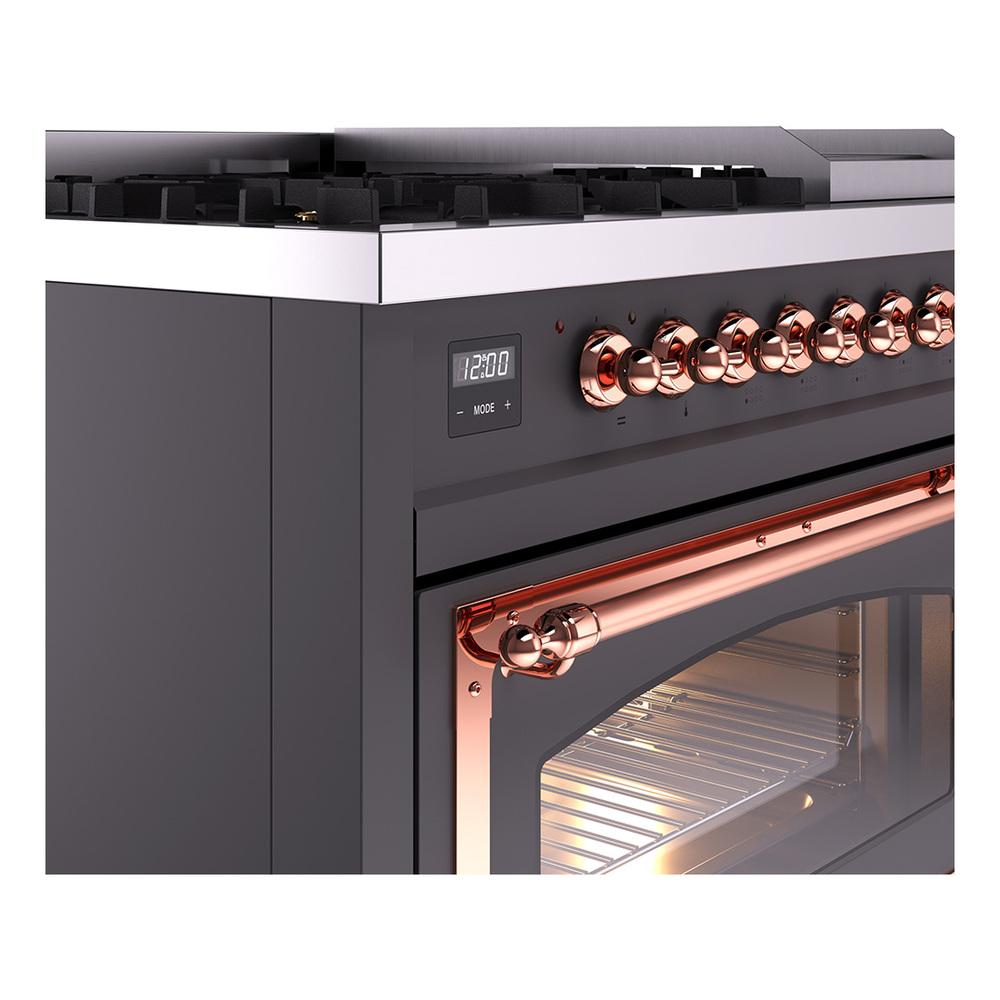 Ilve UN48FNMPMGPLP Ilve Un48Fnmpmgplp Nostalgie Ii Noblesse 48" Dual Fuel Range (8 Sealed Burners + Griddle, Liquid Propane, Triple Glass Door, Graphite Matte, Copper)