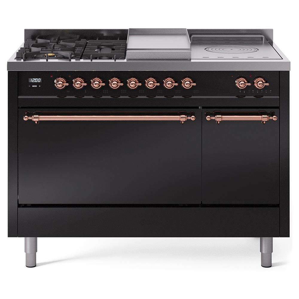 Ilve UP48FSQNMPBKP Ilve Nostalgie Ii 48 Up48Fsqnmpbkp Freestanding Dual Fuel Range With 5 Sealed Burners And French Top Double Oven With Solid Door In Glossy Black With Copper Knobs