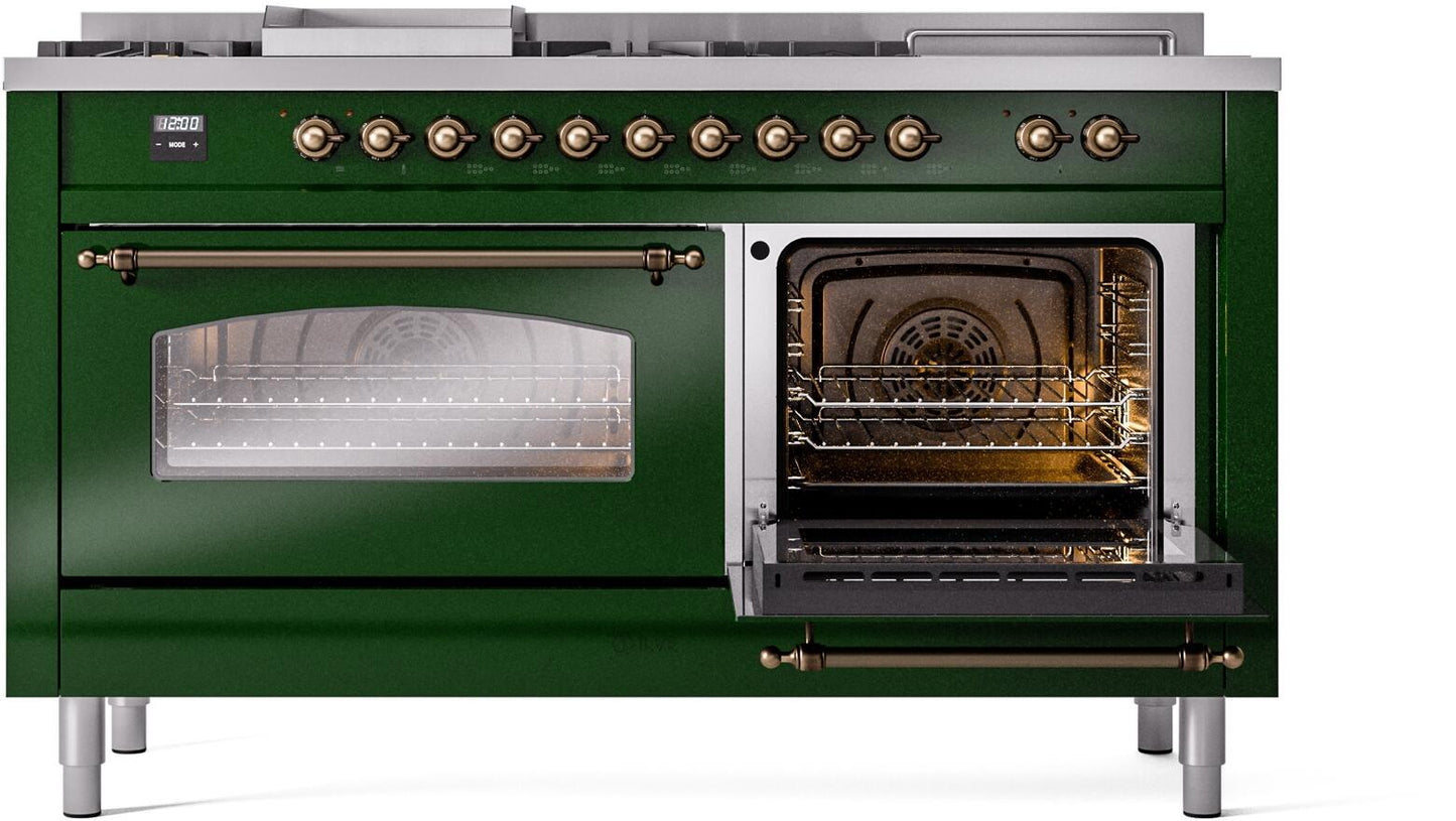 Ilve UP60FSNMPEGB Nostalgie Ii 60 Inch Dual Fuel Natural Gas Freestanding Range In Emerald Green With Bronze Trim