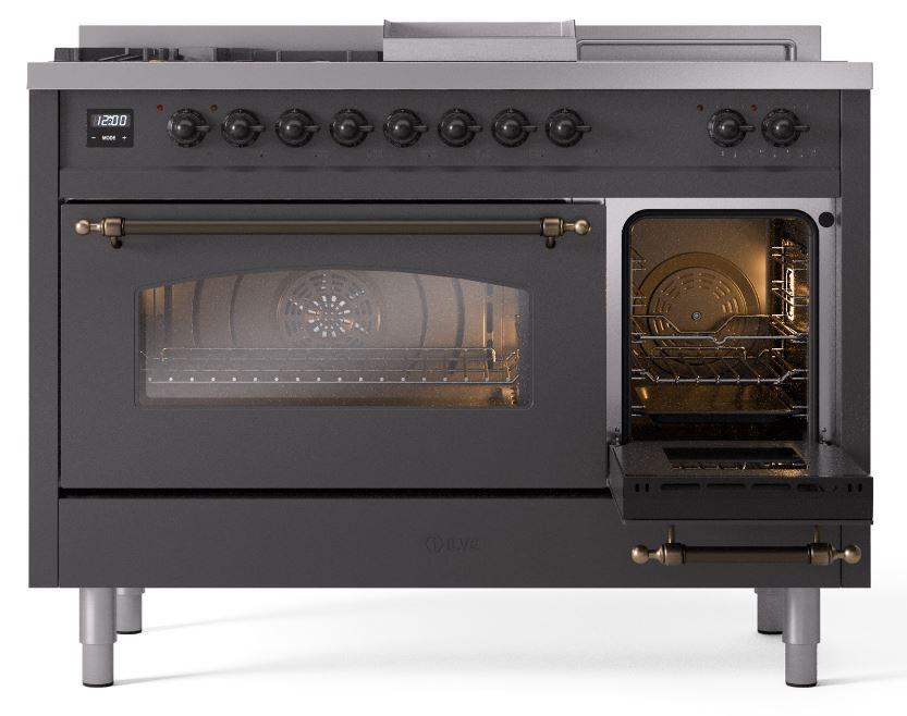 Ilve UP48FSNMPMGBLP Nostalgie Ii 48 Inch Dual Fuel Liquid Propane Freestanding Range In Matte Graphite With Bronze Trim