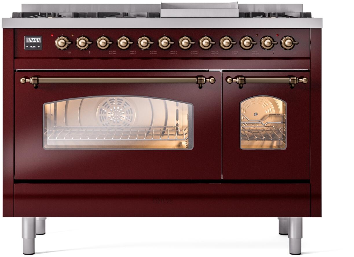 Ilve UP48FNMPBUB Nostalgie Ii 48 Inch Dual Fuel Natural Gas Freestanding Range In Burgundy With Bronze Trim